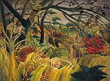 London National Gallery Top 20 18 Henri Rousseau - Tiger In A Tropical Storm Henri Rousseau - Tiger on a Tropical Storm (Surprised), 1891, 130 x 162 cm. Rousseau was a self-taught painter who was known as le Douanier (the customs officer) because he worked at a customs house and only painted in his spare time. This bold, richly colourful picture is carefully composed for dramatic effect. Windblown grasses and branches silhouette against the long streaks of lightning wriggling across the sky.